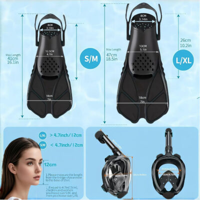 Snorkeling Gear for Adults: Dry Top Full Face Snorkel Mask & Adjustable Swim Fins Snorkel Set,Panoramic View,Safe Breathing System Anti-Leak Anti-Fog