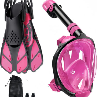 Snorkeling Gear for Adults: Dry Top Full Face Snorkel Mask & Adjustable Swim Fins Snorkel Set,Panoramic View,Safe Breathing System Anti-Leak Anti-Fog
