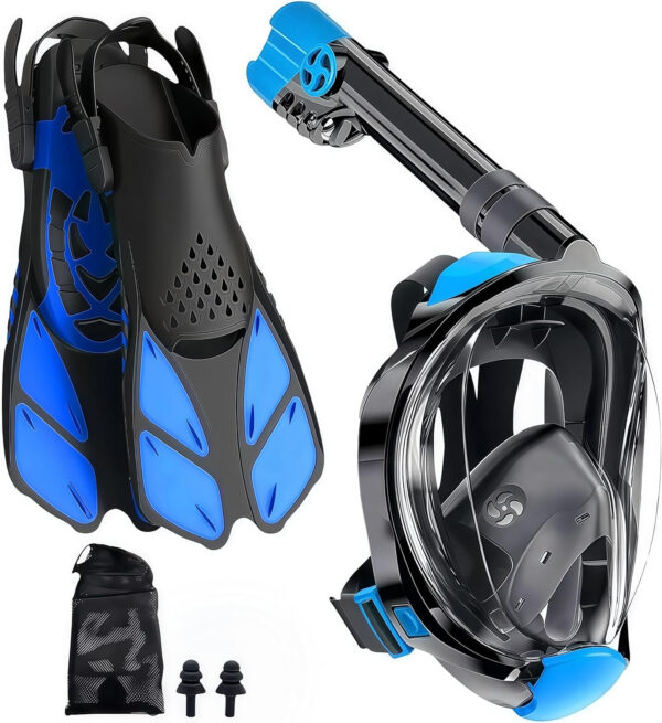 Snorkeling Gear for Adults: Dry Top Full Face Snorkel Mask & Adjustable Swim Fins Snorkel Set,Panoramic View,Safe Breathing System Anti-Leak Anti-Fog