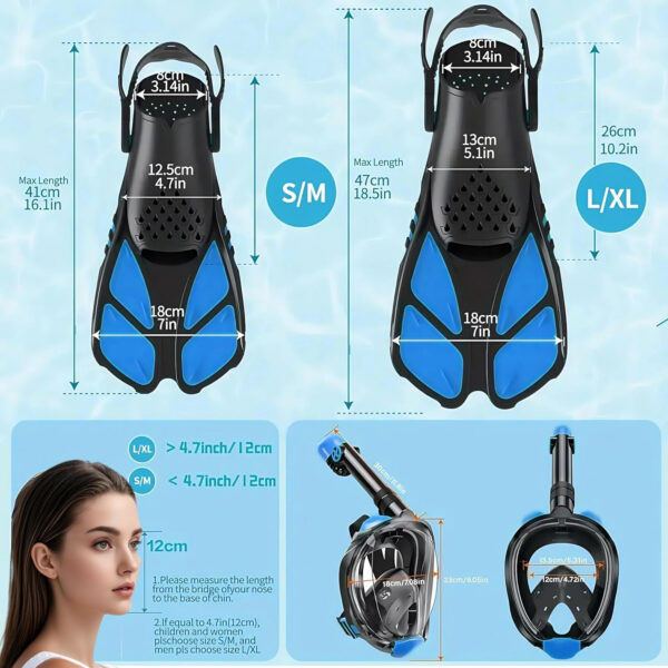 Snorkeling Gear for Adults: Dry Top Full Face Snorkel Mask & Adjustable Swim Fins Snorkel Set,Panoramic View,Safe Breathing System Anti-Leak Anti-Fog