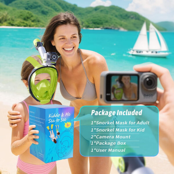 Greatever G2 Adults Kids Full Face Snorkel Mask 2 Pcs,Snorkeling Gear with Latest Dry Top System,Foldable 180 Degree Panoramic View,Safe Breathing,Anti-Leak&Anti-Fog Snorkeling Mask with Camera Mount