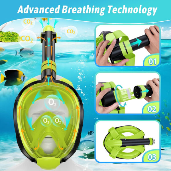 Greatever G2 Adults Kids Full Face Snorkel Mask 2 Pcs,Snorkeling Gear with Latest Dry Top System,Foldable 180 Degree Panoramic View,Safe Breathing,Anti-Leak&Anti-Fog Snorkeling Mask with Camera Mount