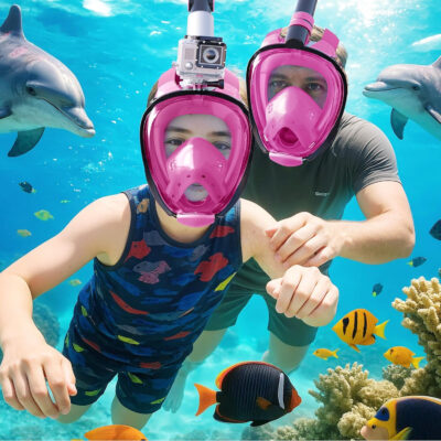 Greatever G2 Adults Kids Full Face Snorkel Mask 2 Pcs,Snorkeling Gear with Latest Dry Top System,Foldable 180 Degree Panoramic View,Safe Breathing,Anti-Leak&Anti-Fog Snorkeling Mask with Camera Mount