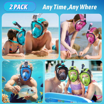 Greatever G2 Adults Kids Full Face Snorkel Mask 2 Pcs,Snorkeling Gear with Latest Dry Top System,Foldable 180 Degree Panoramic View,Safe Breathing,Anti-Leak&Anti-Fog Snorkeling Mask with Camera Mount