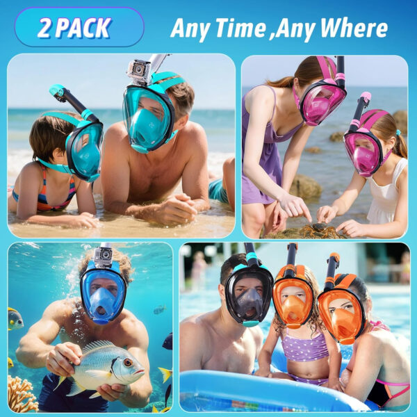Greatever G2 Adults Kids Full Face Snorkel Mask 2 Pcs,Snorkeling Gear with Latest Dry Top System,Foldable 180 Degree Panoramic View,Safe Breathing,Anti-Leak&Anti-Fog Snorkeling Mask with Camera Mount