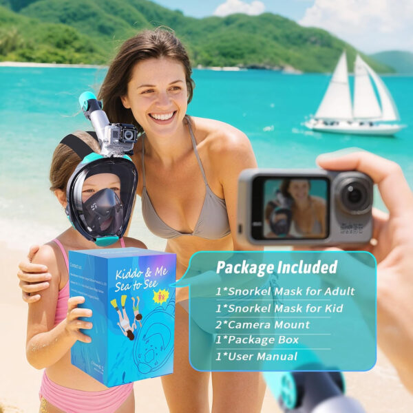 Greatever G2 Adults Kids Full Face Snorkel Mask 2 Pcs,Snorkeling Gear with Latest Dry Top System,Foldable 180 Degree Panoramic View,Safe Breathing,Anti-Leak&Anti-Fog Snorkeling Mask with Camera Mount