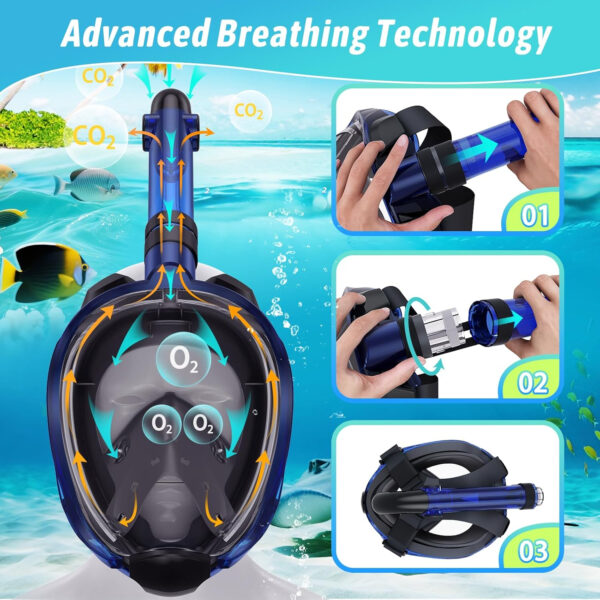 Greatever G2 Adults Kids Full Face Snorkel Mask 2 Pcs,Snorkeling Gear with Latest Dry Top System,Foldable 180 Degree Panoramic View,Safe Breathing,Anti-Leak&Anti-Fog Snorkeling Mask with Camera Mount