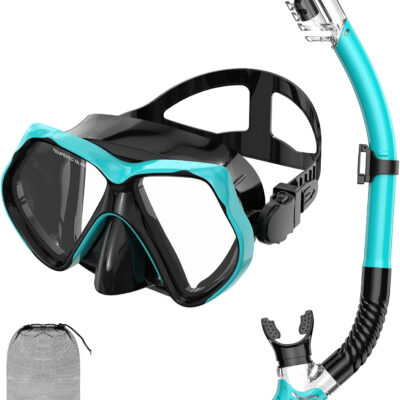 Snorkeling Gear for Adults, Snorkel Set Scuba Diving mask Dry-Top, Adult Swimming Goggles w/Nose Cover, HD Tempered Glass Panoramic Anti-Leak Anti-Fog, Travel Snorkeling Packages