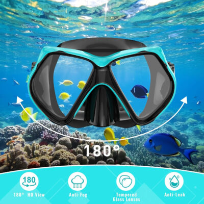 Snorkeling Gear for Adults, Snorkel Set Scuba Diving mask Dry-Top, Adult Swimming Goggles w/Nose Cover, HD Tempered Glass Panoramic Anti-Leak Anti-Fog, Travel Snorkeling Packages