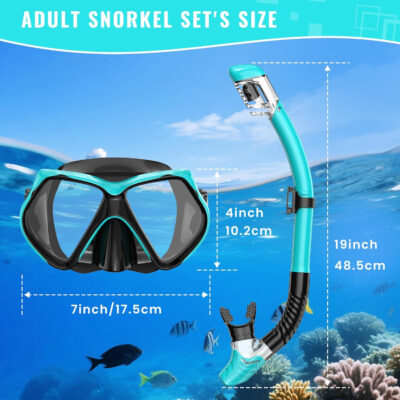 Snorkeling Gear for Adults, Snorkel Set Scuba Diving mask Dry-Top, Adult Swimming Goggles w/Nose Cover, HD Tempered Glass Panoramic Anti-Leak Anti-Fog, Travel Snorkeling Packages