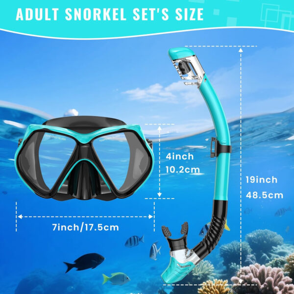 Snorkeling Gear for Adults, Snorkel Set Scuba Diving mask Dry-Top, Adult Swimming Goggles w/Nose Cover, HD Tempered Glass Panoramic Anti-Leak Anti-Fog, Travel Snorkeling Packages