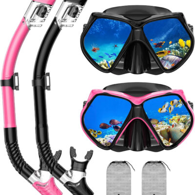 Snorkeling Gear for Adults, Snorkel Set Scuba Diving mask Dry-Top, Adult Swimming Goggles w/Nose Cover, HD Tempered Glass Panoramic Anti-Leak Anti-Fog, Travel Snorkeling Packages