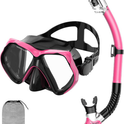 Snorkeling Gear for Adults, Snorkel Set Scuba Diving mask Dry-Top, Adult Swimming Goggles w/Nose Cover, HD Tempered Glass Panoramic Anti-Leak Anti-Fog, Travel Snorkeling Packages
