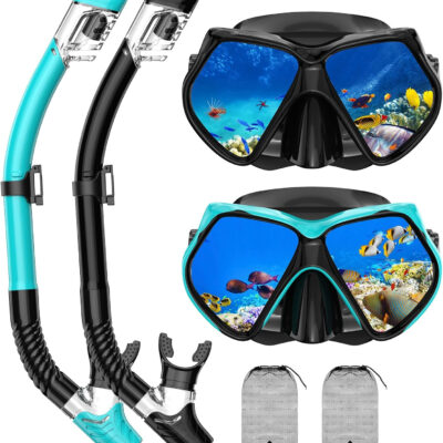 Snorkeling Gear for Adults, Snorkel Set Scuba Diving mask Dry-Top, Adult Swimming Goggles w/Nose Cover, HD Tempered Glass Panoramic Anti-Leak Anti-Fog, Travel Snorkeling Packages