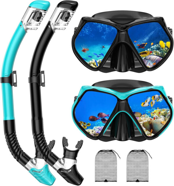 Snorkeling Gear for Adults, Snorkel Set Scuba Diving mask Dry-Top, Adult Swimming Goggles w/Nose Cover, HD Tempered Glass Panoramic Anti-Leak Anti-Fog, Travel Snorkeling Packages