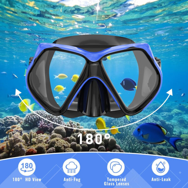 Snorkeling Gear for Adults, Snorkel Set Scuba Diving mask Dry-Top, Adult Swimming Goggles w/Nose Cover, HD Tempered Glass Panoramic Anti-Leak Anti-Fog, Travel Snorkeling Packages