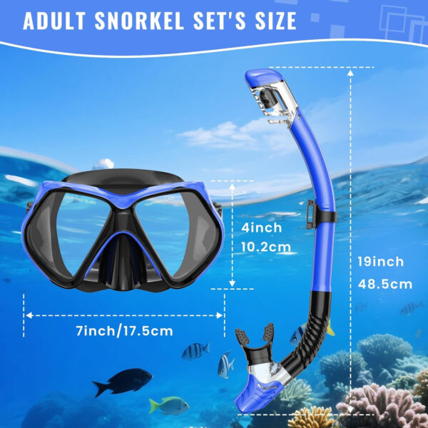 Snorkeling Gear for Adults, Snorkel Set Scuba Diving mask Dry-Top, Adult Swimming Goggles w/Nose Cover, HD Tempered Glass Panoramic Anti-Leak Anti-Fog, Travel Snorkeling Packages