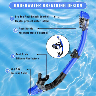 Snorkeling Gear for Adults, Snorkel Set Scuba Diving mask Dry-Top, Adult Swimming Goggles w/Nose Cover, HD Tempered Glass Panoramic Anti-Leak Anti-Fog, Travel Snorkeling Packages