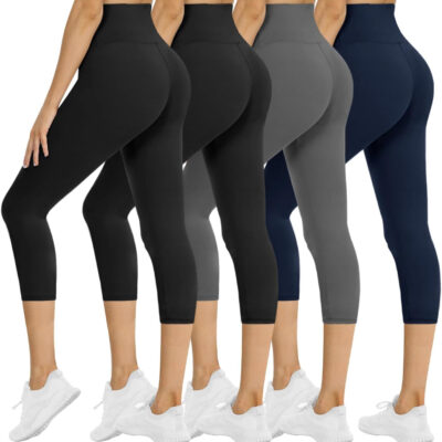 NexiEpoch 4 Pack Leggings for Women - High Waisted Tummy Control Soft Black Capri Yoga Pants with Pockets for Workout