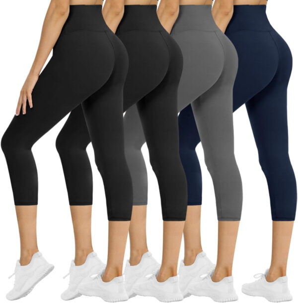 NexiEpoch 4 Pack Leggings for Women - High Waisted Tummy Control Soft Black Capri Yoga Pants with Pockets for Workout