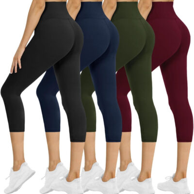 NexiEpoch 4 Pack Leggings for Women - High Waisted Tummy Control Soft Black Capri Yoga Pants with Pockets for Workout