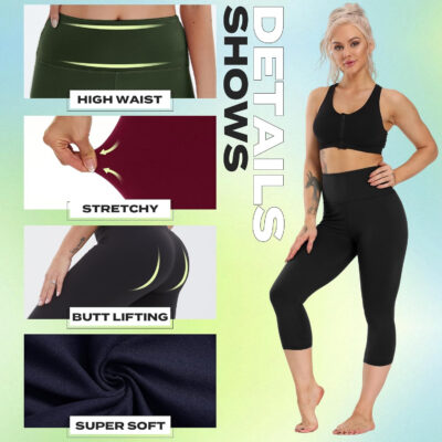 NexiEpoch 4 Pack Leggings for Women - High Waisted Tummy Control Soft Black Capri Yoga Pants with Pockets for Workout