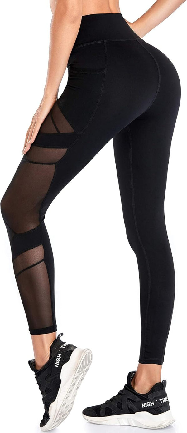 Women's Mesh High Waist Leggings Yoga Pants with Pockets Tummy Control 4 Way Stretch Workout Yoga Leggings