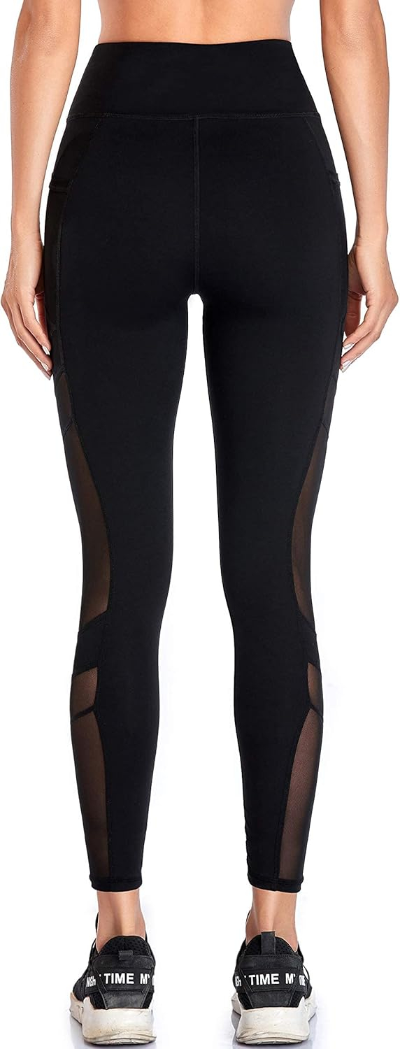 Women's Mesh High Waist Leggings Yoga Pants with Pockets Tummy Control 4 Way Stretch Workout Yoga Leggings