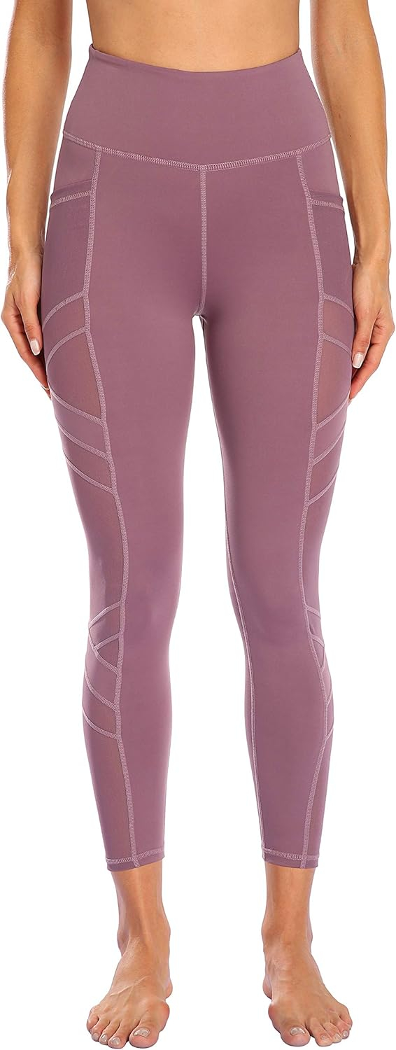 Women's Mesh High Waist Leggings Yoga Pants with Pockets Tummy Control 4 Way Stretch Workout Yoga Leggings
