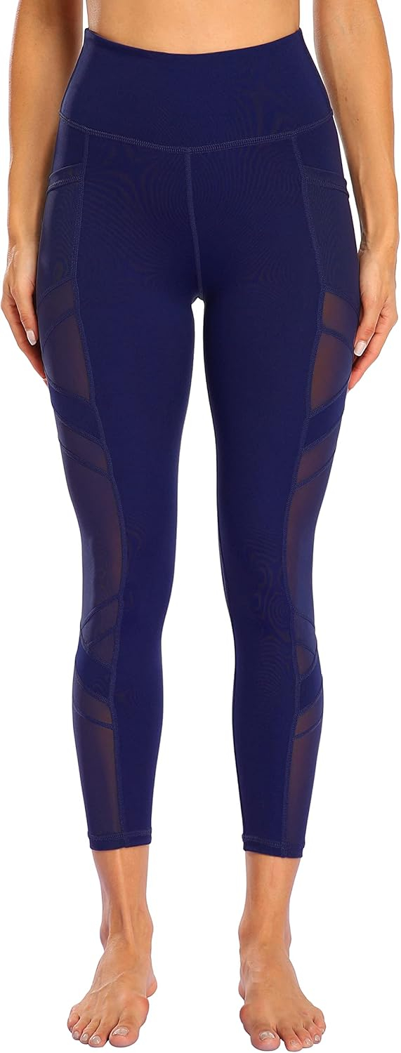 Women's Mesh High Waist Leggings Yoga Pants with Pockets Tummy Control 4 Way Stretch Workout Yoga Leggings