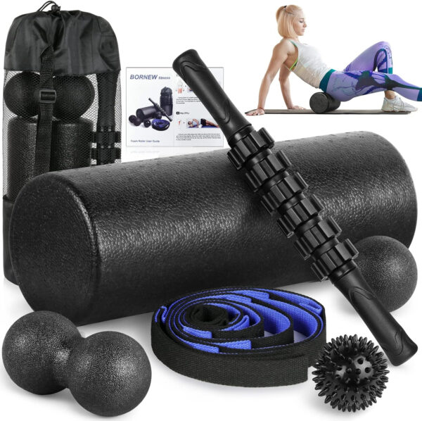 689c4d794963dfaf5525b74047144ed02b276c5eb89147cb72018.jpg Foam Roller Set - High Density Back Roller, Muscle Roller Stick,2 Foot Fasciitis Ball, Stretching Strap, Massager Ball for Whole Body Physical Therapy & Exercise, Yoga, Back Pain, Leg, Deep Tissue