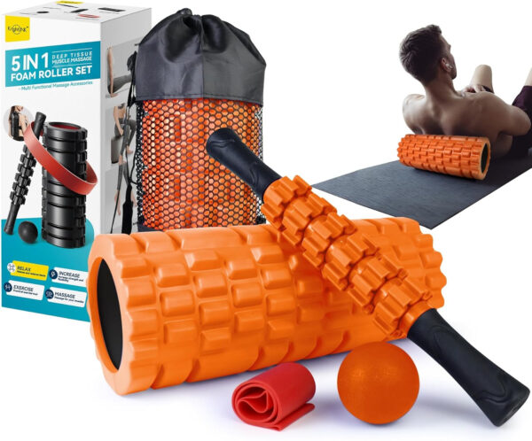5 in1 Foam Roller Set for Deep Tissue Muscle Massage, High Density Fitness Exercise Foam Roller, Massage Roller, Massage Ball, Resistance Band, for Whole Body (Black)