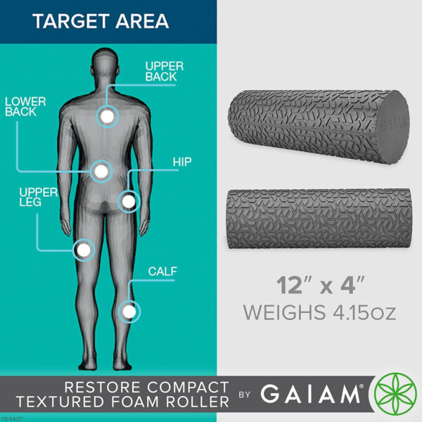 689c53e8b5c03e6d532cd1daf7e831218545effe9f9db6ca3f0dd.jpg Gaiam Restore Compact Textured Foam Roller for Muscle Repair and Exercise – 12”L X 4" Diameter Massager Roller – Ideal for Improved Circulation and Easing Muscle Tension