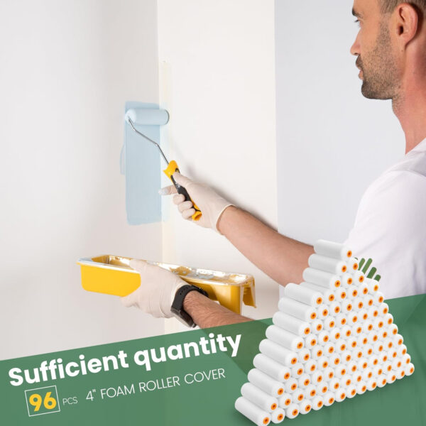 VOOMEY Mini Paint Roller Covers，High Density Foam Paint Roller，4 Inch Foam Roller Paint, 24 Pack,Fits All Flat Surfaces, Including Kitchen Cabinets, Doors, Tables, Etc.