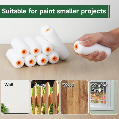 VOOMEY Mini Paint Roller Covers，High Density Foam Paint Roller，4 Inch Foam Roller Paint, 24 Pack,Fits All Flat Surfaces, Including Kitchen Cabinets, Doors, Tables, Etc.