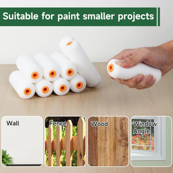 VOOMEY Mini Paint Roller Covers，High Density Foam Paint Roller，4 Inch Foam Roller Paint, 24 Pack,Fits All Flat Surfaces, Including Kitchen Cabinets, Doors, Tables, Etc.
