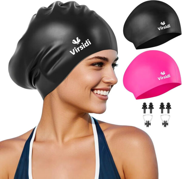 689c554f881ac180acdbe19f40ee2bb9543204015bd42f7bcc865.jpg 2 Pack Swim Cap for Women Men Adult, Silicone Swimming Caps for Short Long Hair, Waterproof Swim Hats Bathing Caps to Keep Hair Dry with Nose Clip and Earplugs