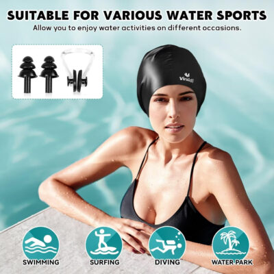 689c555ad358191fed9b369f3ef820dfae36201dd5d0b067e4cb3.jpg 2 Pack Swim Cap for Women Men Adult, Silicone Swimming Caps for Short Long Hair, Waterproof Swim Hats Bathing Caps to Keep Hair Dry with Nose Clip and Earplugs