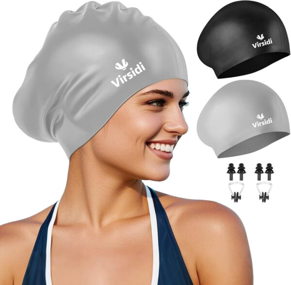 689c555e7a5b26f9a2ad234e3160258fc2eb06f3fe94e50a0fffb.jpg 2 Pack Swim Cap for Women Men Adult, Silicone Swimming Caps for Short Long Hair, Waterproof Swim Hats Bathing Caps to Keep Hair Dry with Nose Clip and Earplugs