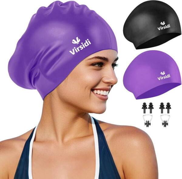 689c556029484c3293dec7a5c1c690213fd6b9ae8cdd01fb5b271.jpg 2 Pack Swim Cap for Women Men Adult, Silicone Swimming Caps for Short Long Hair, Waterproof Swim Hats Bathing Caps to Keep Hair Dry with Nose Clip and Earplugs