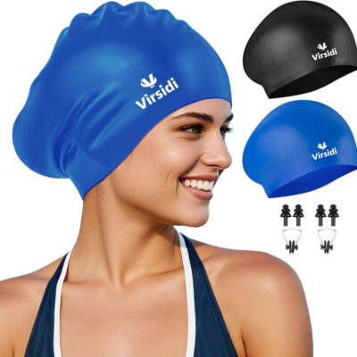 689c5562081b50cf77fedd1d61586ae75f31ed90e3795ac3a538e.jpg 2 Pack Swim Cap for Women Men Adult, Silicone Swimming Caps for Short Long Hair, Waterproof Swim Hats Bathing Caps to Keep Hair Dry with Nose Clip and Earplugs