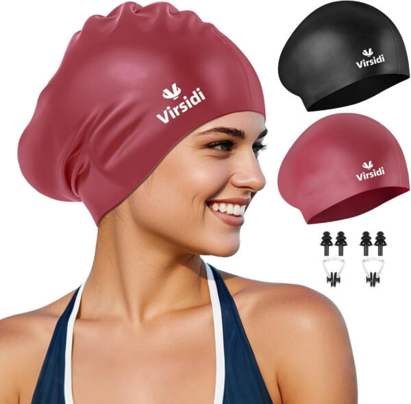 689c5563a1f820bbc507ccaa423a90b5351f3a41080f476d039bb.jpg 2 Pack Swim Cap for Women Men Adult, Silicone Swimming Caps for Short Long Hair, Waterproof Swim Hats Bathing Caps to Keep Hair Dry with Nose Clip and Earplugs
