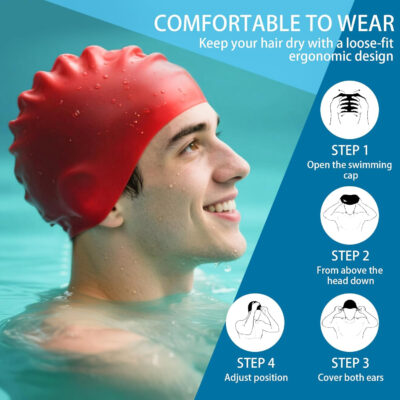 Silicone Swim Cap - Waterproof Non-Slip High Elasticity - Keeps Hair Dry Perfect for Men and Women Large Swimming Cap