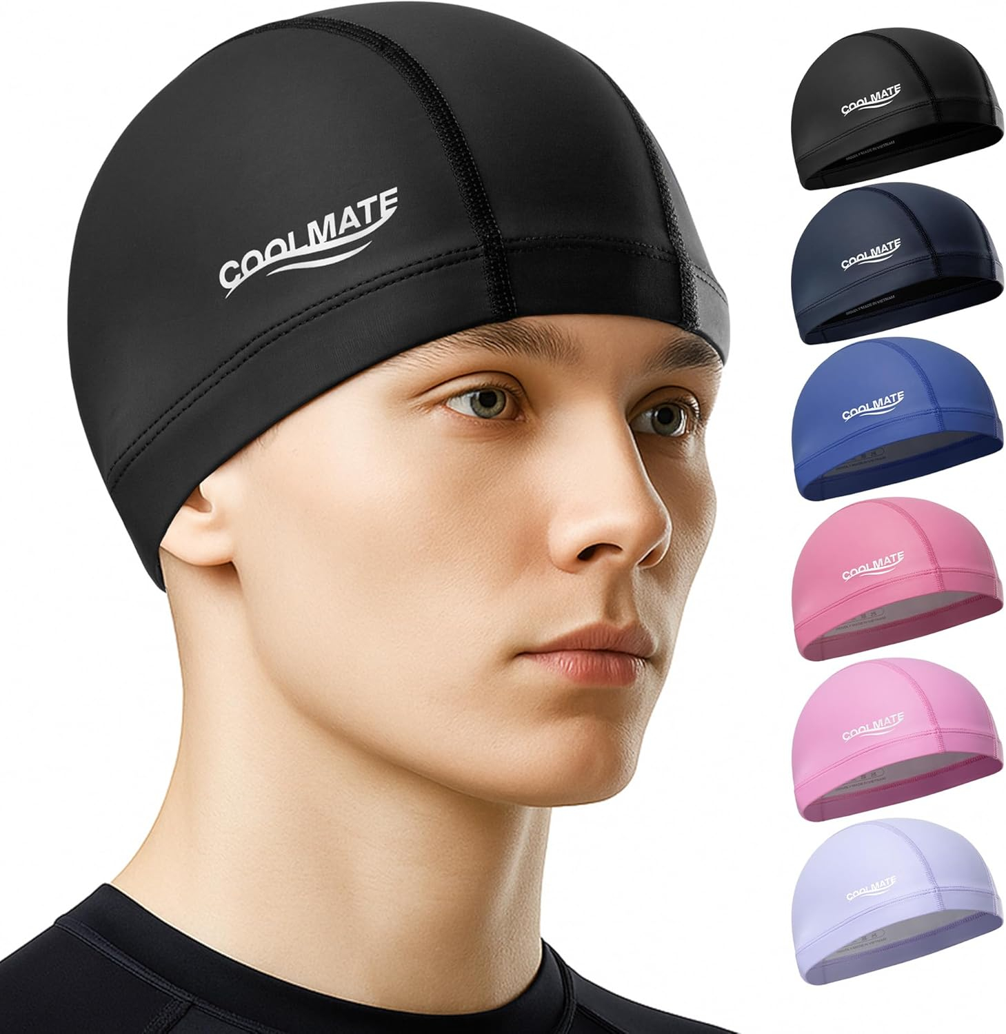 COOLMATE Fabric Swim Cap for Adult Women Men, Silicone Waterproof Layer, Cloth Swim Cap Gifts for Swimmers, Lightweight and Comfortable, Perfect for Pool, Beach, Lap Swimming (Black, L)