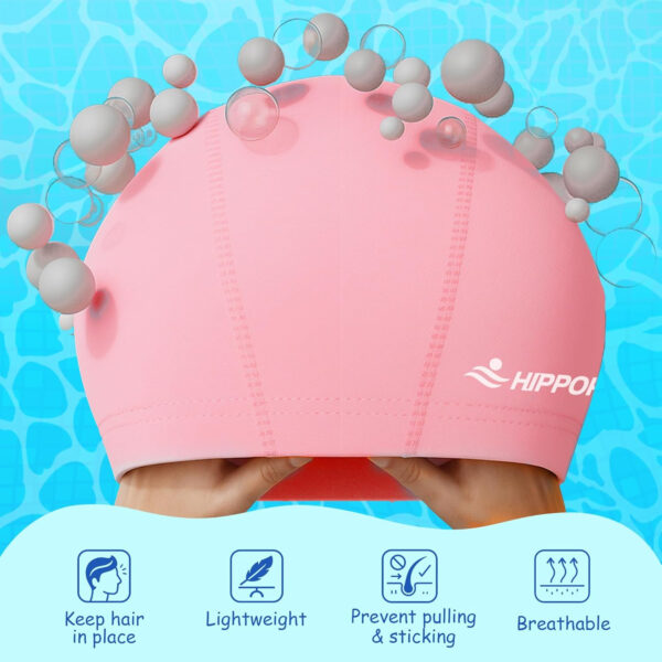 689c6106a97bc692c218630e5b3c3d45dcd57d2f2eaa7d5e1fac1.jpg Water Resistant Fabric Swim Cap with PU Coating Layer - Elastic Cloth Swimming Cap, Breathable, Lightweight & Comfortable for Women Men Boy Girl