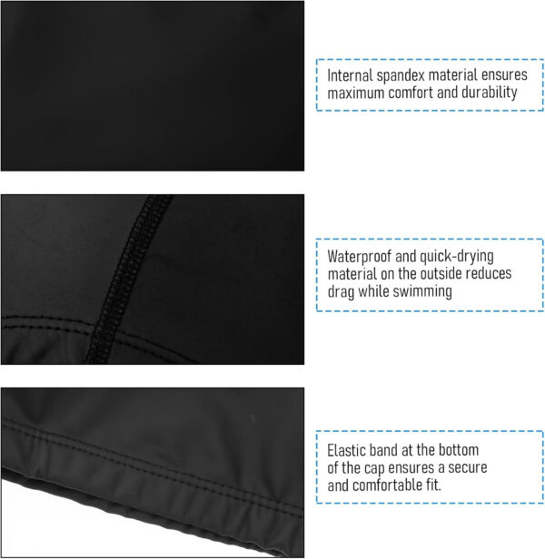689c614c6651942d67a5983edf584c38069fd339643891754c57a.jpg Swimming Caps for Men Women High Stretch Silicone Fabric Swim Caps Waterproof Layer Breathable Cloth Swimmings Cap Keep Hair Dry with Lightweight Comfortable for Pool Beach Lap Kid Black 9.25 × 6.30 “