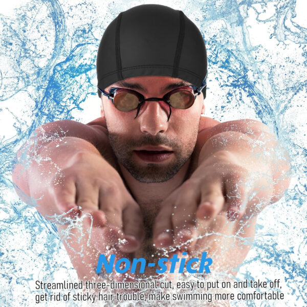 689c61536bb257cf46b0386e25965f7cdd93a2c44643aa256e17e.jpg Swimming Caps for Men Women High Stretch Silicone Fabric Swim Caps Waterproof Layer Breathable Cloth Swimmings Cap Keep Hair Dry with Lightweight Comfortable for Pool Beach Lap Kid Black 9.25 × 6.30 “