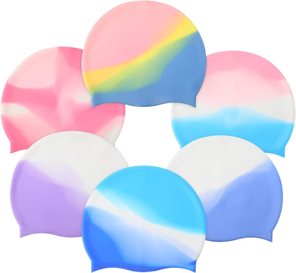 689c61ebadd7a4d8bfa84a07168147c7ac2ba92fdf9e250243ea5.jpg Syhood 6 Pieces Unisex Adult Silicone Swim Cap Waterproof Swimming Hat Non Slip Pool Hat Elastic Silicone Cap for Long and Short Hair