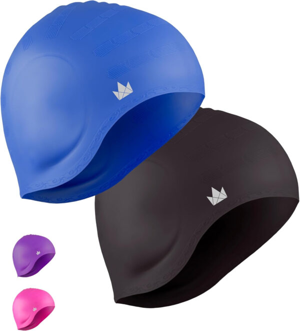 689c6286f1898b0aff1c234a6fbd04b6f3d35b7683105e91f6e37.jpg The Friendly Swede Swim Caps for Women & Men — Silicone Swimming Caps for Medium & Long Hair Waterproof & Keep Hair Dry Easy to Take On and Off with Extra Ear Space - 2-Pack
