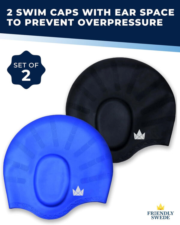 689c6288ee06e7f213d3246a32e4adf4972413fe1c6f8e6f6cc9e.jpg The Friendly Swede Swim Caps for Women & Men — Silicone Swimming Caps for Medium & Long Hair Waterproof & Keep Hair Dry Easy to Take On and Off with Extra Ear Space - 2-Pack
